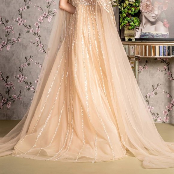 NEW LONG A-LINE MESH FOMRAL DRESS EMBROIDERED WITH SEQUINS & SIDE CAPES GL3494 - Picture 12 of 12